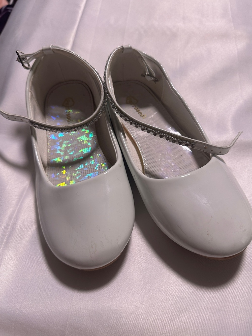 PARROSOO Girls Size 3 White Rhinestone Mary Jane Dress Shoes